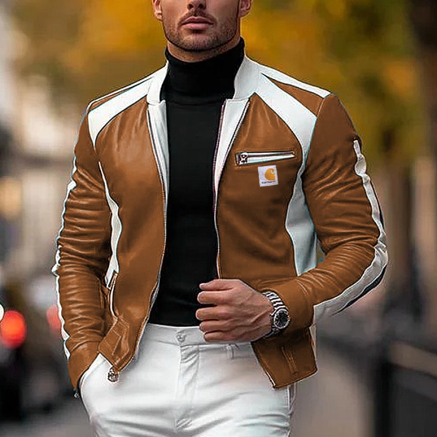 

Men's Outdoor Vintage Casual Leather Contrast Color Stand Collar Zipper Motorcycle Jacket