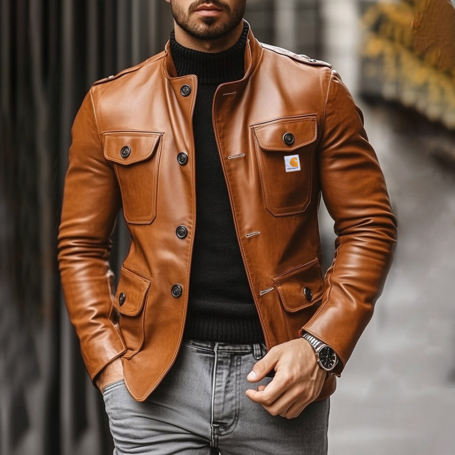 

Men's Vintage Leather Multi-Pocket Stand Collar Jacket