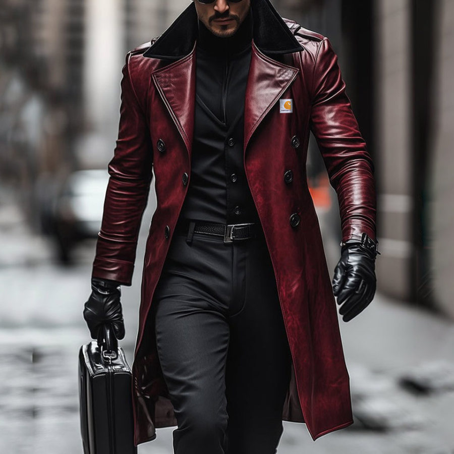 

Men's Vintage Leather Contrast Double-breasted Reverse Collar Long Jacket Coat