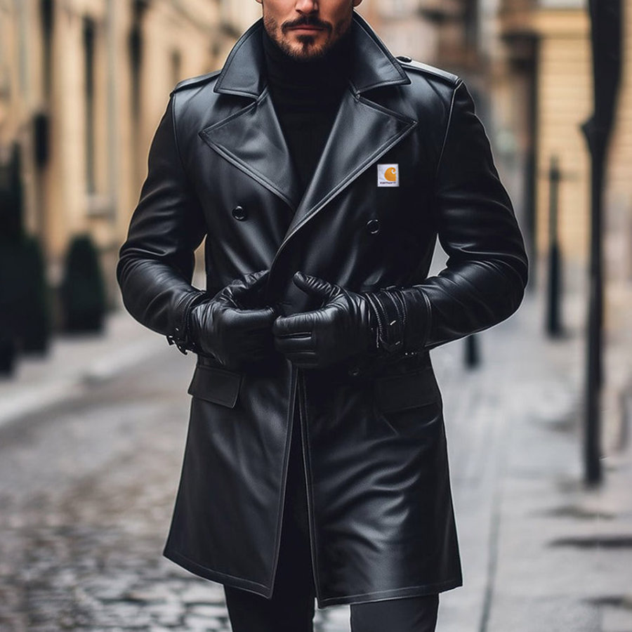 

Men's Vintage Leather Double-breasted Reverse Collar Jacket Coat