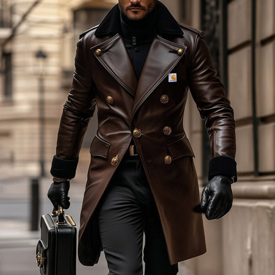 

Men's Vintage Leather Double-breasted Reverse Collar Jacket Coat