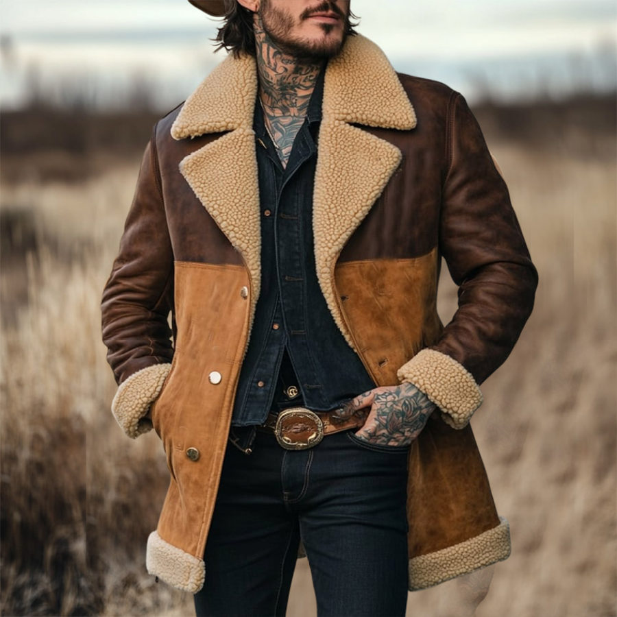 

Men's Vintage Suede Contrast Color Shearling Fleece Fur Lapel Collar Mid-Length Coat Sherpa Lined Jacket