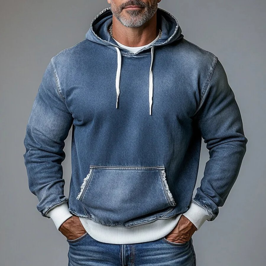 

Men's Casual Denim Raw Edge Pocket Long Sleeve Drawstring Hoodie