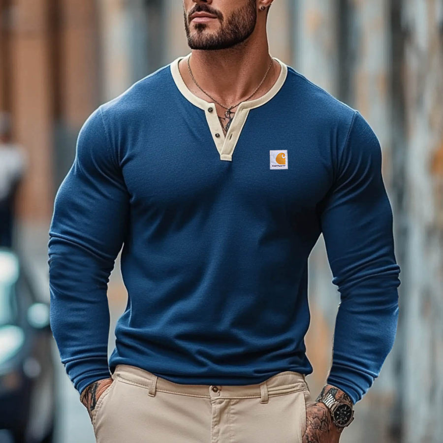 

Men's Vintage Outdoor Contrast Color Henley Long Sleeve T-shirt