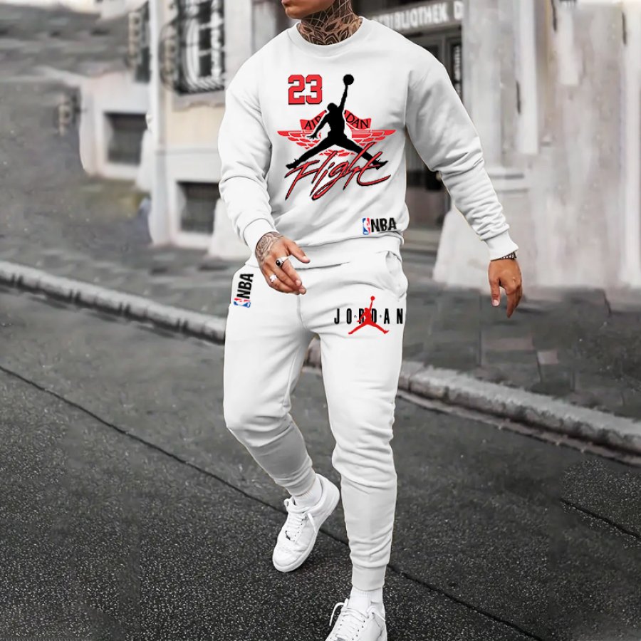 

Unisex Jumper Basketball Print Casual Round Neck Sweatshirt And Sweatpants White Set