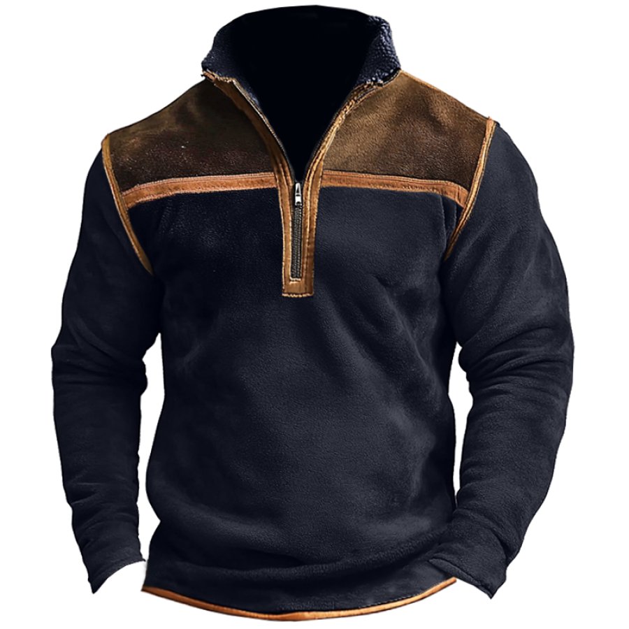 

Men's Vintage Fleece Quarter Zip Patchwork Sweatshirt