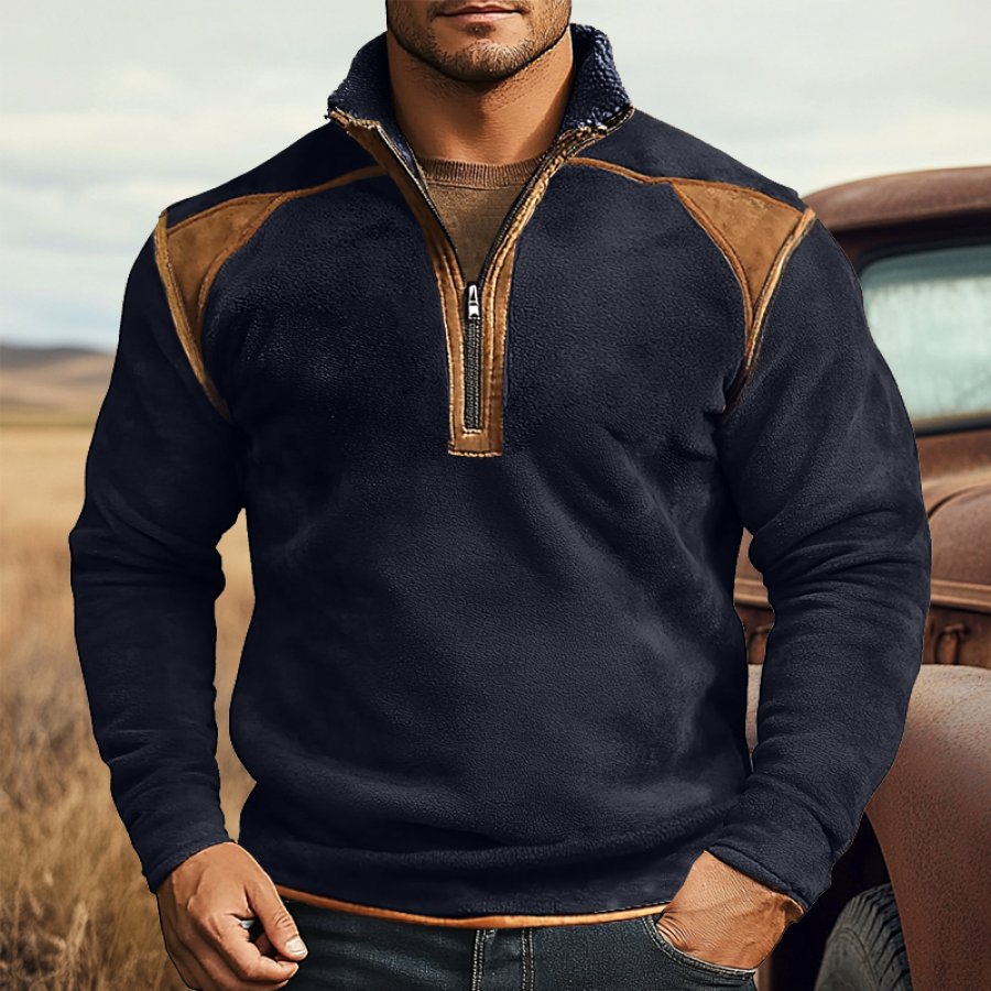 

Men's Vintage Fleece Quarter Zip Shoulder Patchwork Sweatshirt Navy Blue