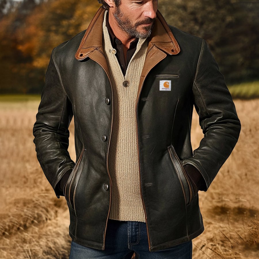 

Men's carhartt Vintage PU Leather Color Block Patchwork Multi-Pocket Reverse Collar Outdoor Jacket