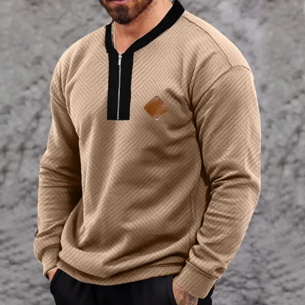 Men's Outdoor Casual Geometric Pattern Fabric Quarter Zip Collar Leather Lable Sweatshirt - Wayrates.com 
