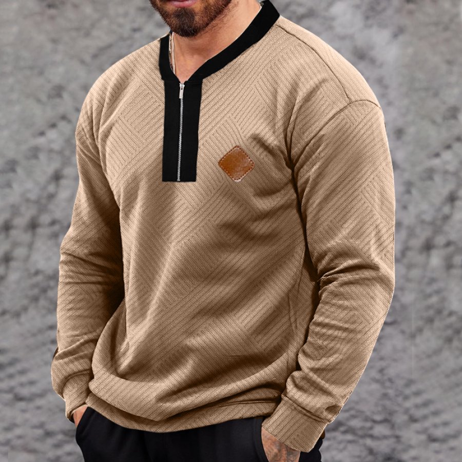 

Men's Outdoor Casual Geometric Pattern Fabric Quarter Zip Collar Leather Lable Sweatshirt