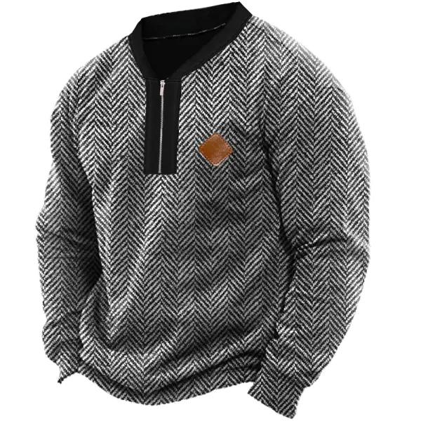 Men's Outdoor Casual Herringbone Pattern Quarter Zip Collar Leather Lable Sweatshirt - Anurvogel.com 