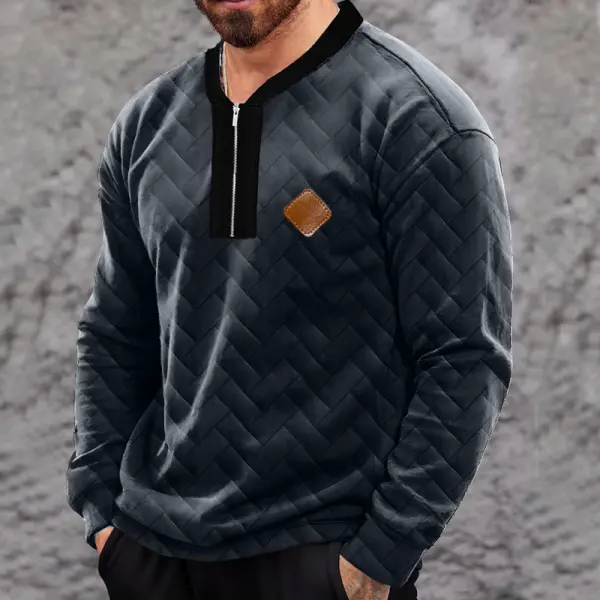 Men's Outdoor Casual Geometric Pattern Quilted Quarter Zip Collar Sweatshirt - Wayrates.com 