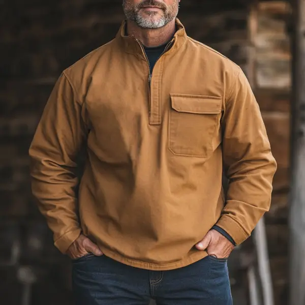 Men's Vintage Pocket Zipper Stand Collar Cargo Sweatshirt - Wayrates.com 