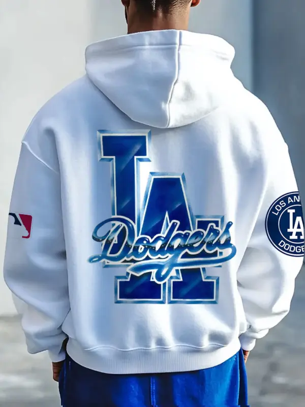 Men's Los Angeles Dodgers  Baseball Print Pocket White Hoodie - Menwyx.com 