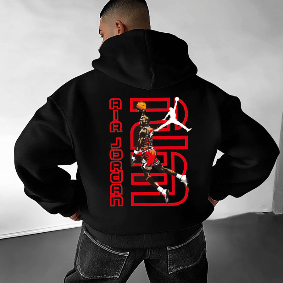 

Men's Vintage Basketball Print Pocket Long Sleeve Oversized Hoodie
