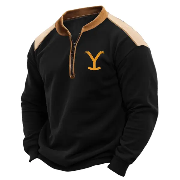 Men's Vintage Yellowstone Contrast Henley Zipper Long Sleeve Sweatshirt - Anurvogel.com 