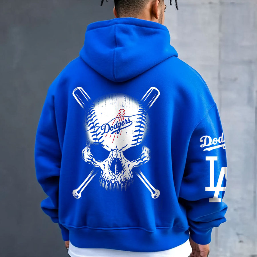 

Men's Vintage Baseball Skull Print Pocket Long Sleeve Loose Hoodie