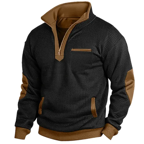 Men's Vintage Waffle Contrast Pocket Quarter Zip Stand Collar Sweatshirt - Upgradecool.com 