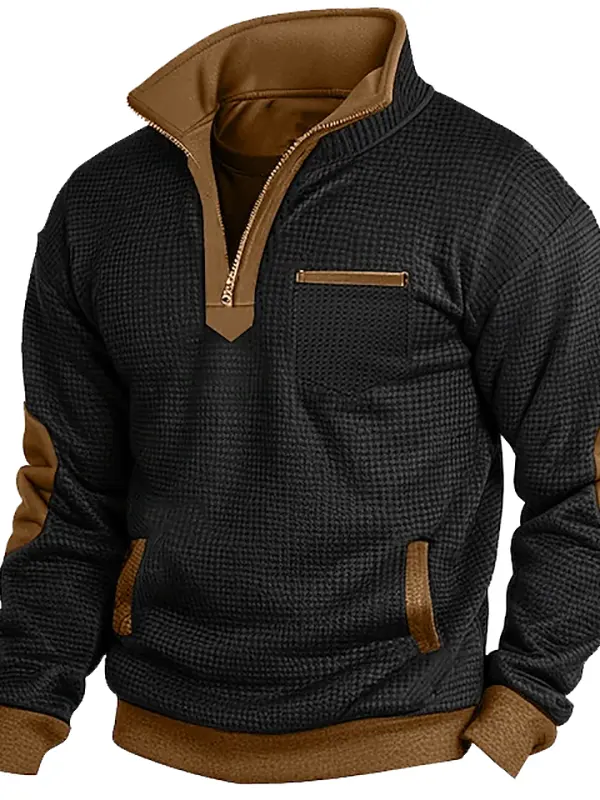 Men's Vintage Waffle Contrast Pocket Quarter Zip Stand Collar Sweatshirt - Menbarn.com 