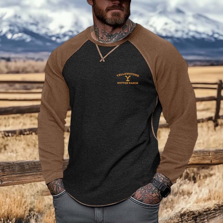 

Men's Vintage Western Yellowstone Color Block Crew Neck Long Sleeve T-shirt