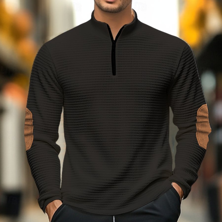 

Men's Waffle Standing Collar Quarter Zip Long Sleeve Polo Shirt