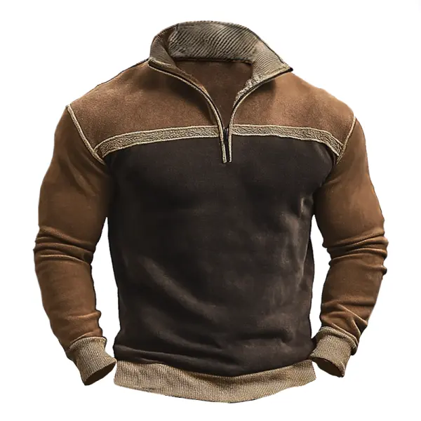Men's Vintage Ethnic Embroidery Patterns Fleece Woven Tape Splicing 1/4 Zipper Sweatshirts - Cotosen.com