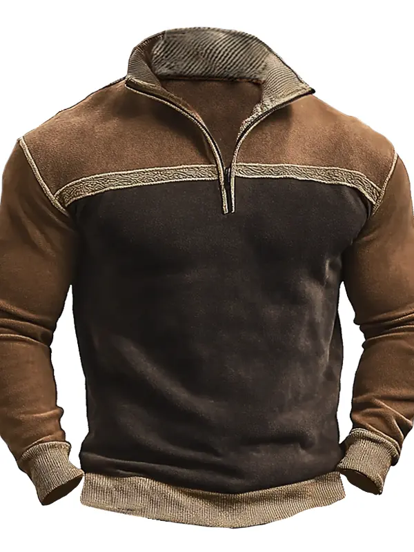 Men's Vintage Ethnic Embroidery Patterns Fleece Woven Tape Splicing 1/4 Zipper Sweatshirts - Menbarn.com 