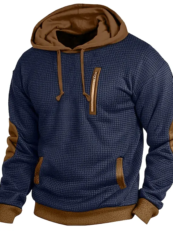 Men's Vintage Waffle Contrast Elbow Patches Pocket Hoodie - Menbarn.com 