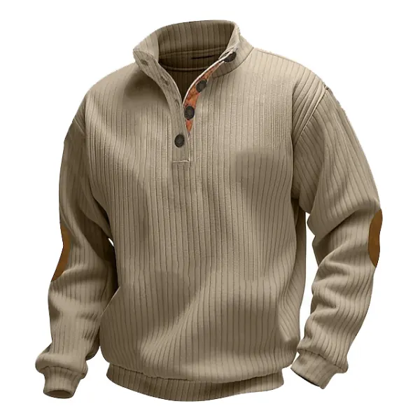 Men's Vintage Corduroy Contrast Button Stand Collar Long Sleeve Sweatshirt - Cotosen.com 