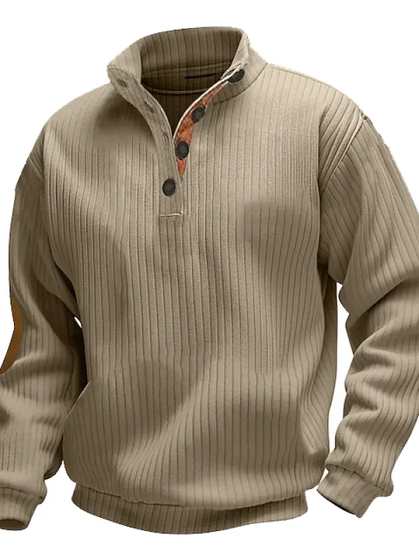 Men's Vintage Corduroy Contrast Button Stand Collar Long Sleeve Sweatshirt - Menbarn.com 