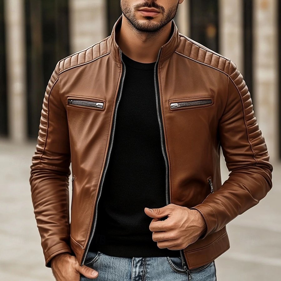 

Men's Vintage PU Leather Patchwork Multi-Pocket Outdoor Jacket