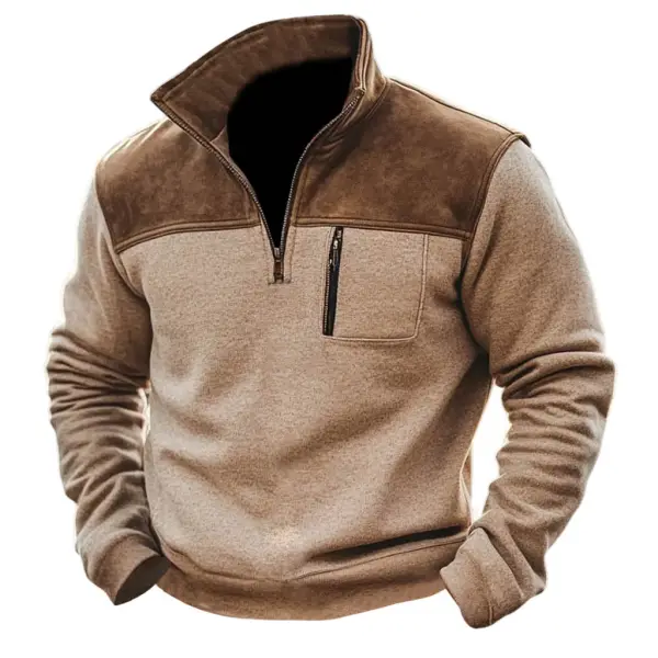Men's Vintage Paneled Suede Pocket Zipper Stand Collar Sweatshirt - Cotosen.com 