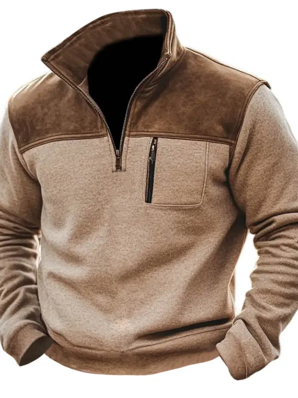 Men's Vintage Paneled Suede Pocket Zipper Stand Collar Sweatshirt - Pragmaace.com 