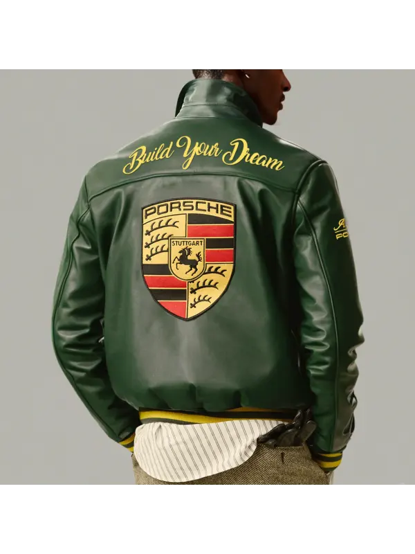 Men's Vintage Porsche Racing Zip Long Sleeve Big Logo PU Leather Jacket - Ootdmw.com 