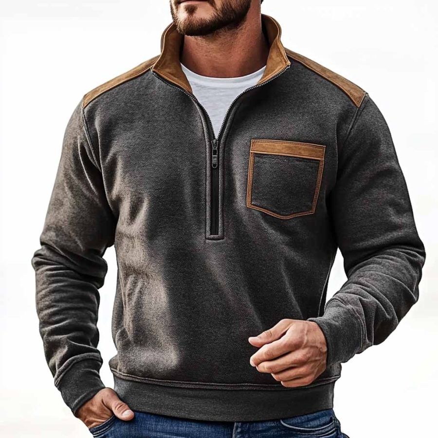 

Men's Vintage Paneled Suede Pocket Half Zip Stand Collar Sweatshirt