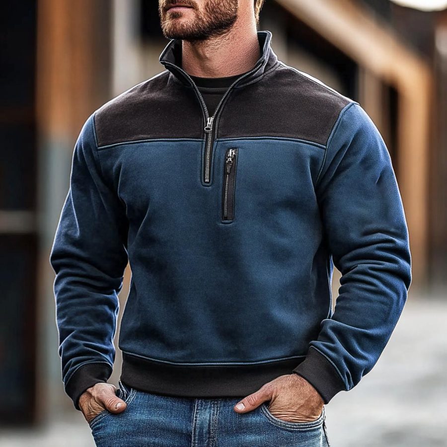 

Men's Vintage Color Block Pocket Quarter Zip Stand Collar Sweatshirt