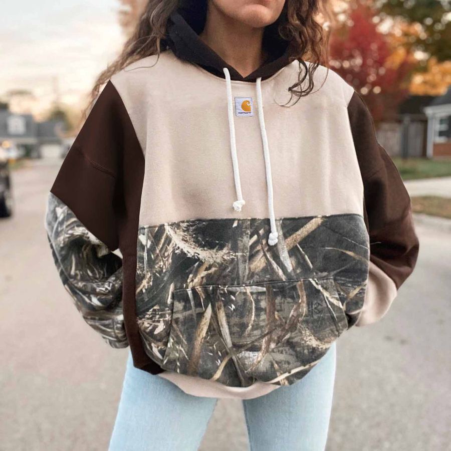 

Women's Vintage Branch Color Block Pocket Oversized Long Sleeve Hoodie