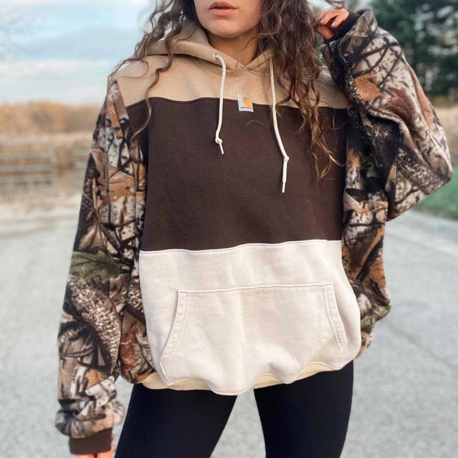 

Women's Vintage Foliage Camo Color Block Oversized Long Sleeve Hoodie