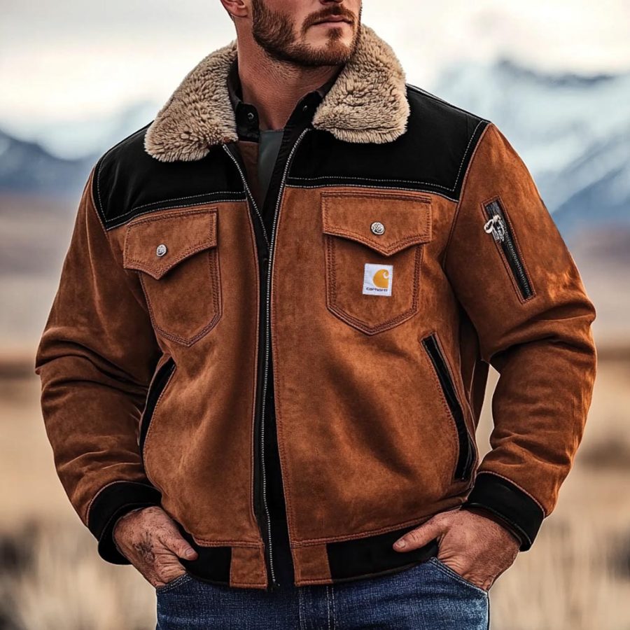 

Men's Carhartt Vintage Suede Contrast Multi-Pocket Plush Lapel Collar Bomber Jacket