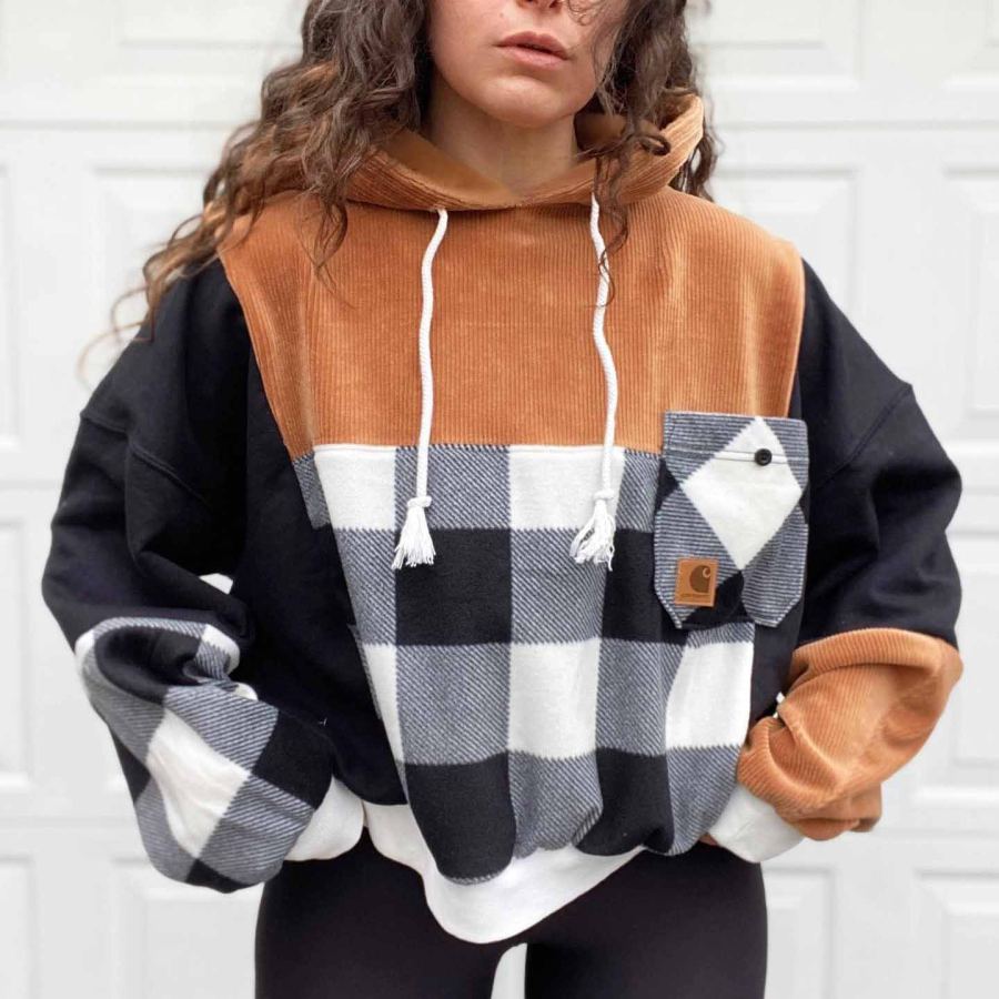 

Women's Vintage Patchwork Corduroy Plaid Color Block Pocket Oversized Long Sleeve Hoodie