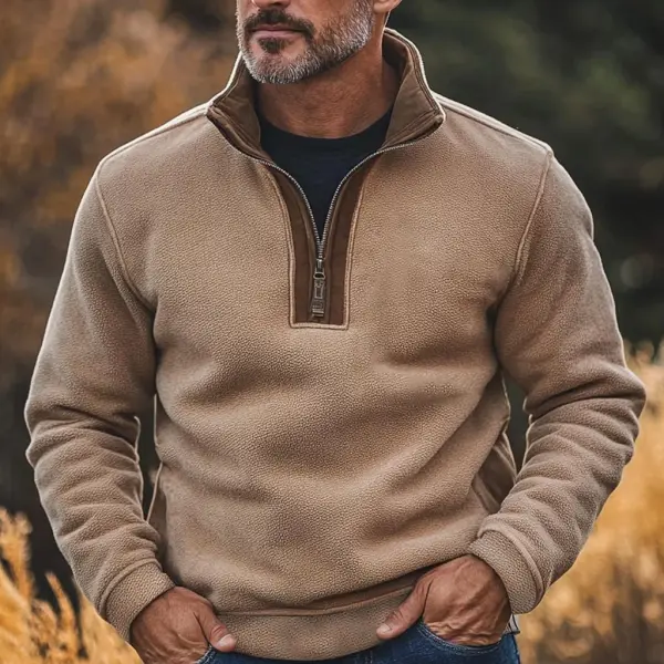 Men's Vintage Fleece Paneled Suede Quarter Zip Stand Collar Sweatshirt - Wayrates.chimpone.com 