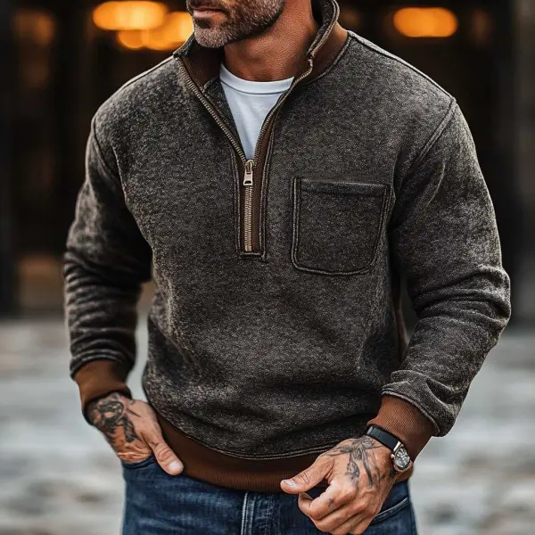 Men's Vintage Contrast Pocket Stand Collar Sweatshirt - Wayrates.com 