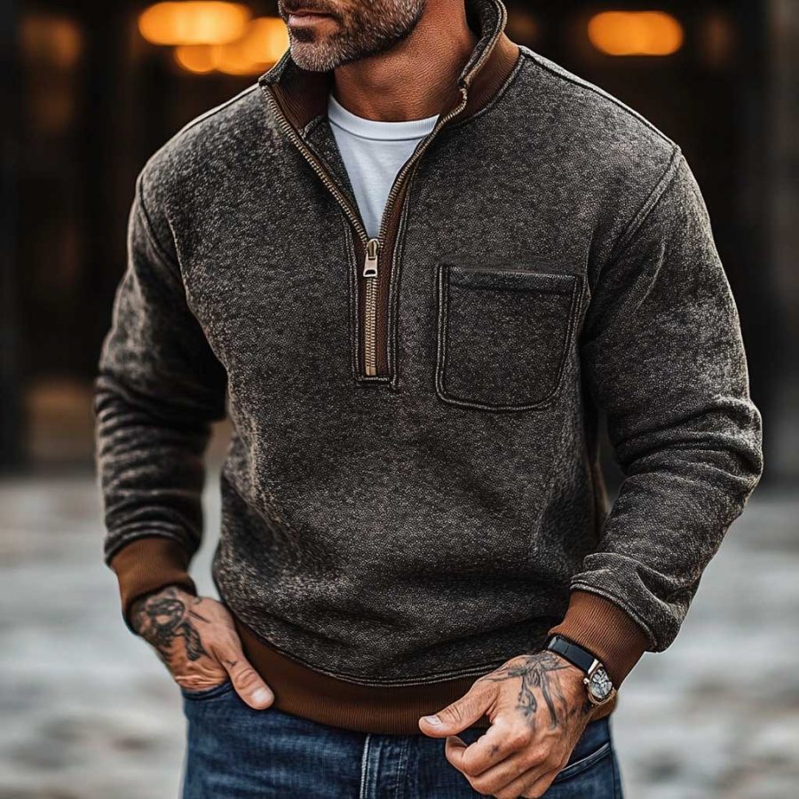 

Men's Vintage Contrast Pocket Stand Collar Sweatshirt