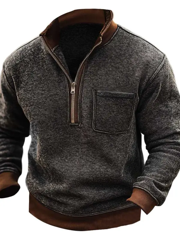Men's Vintage Contrast Pocket Stand Collar Sweatshirt - Menbarn.com 