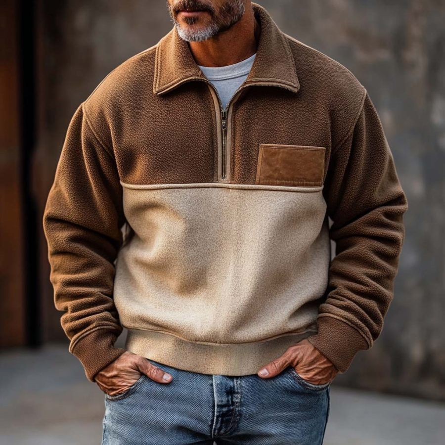 

Men's Vintage Fleece Color Block Quarter Zip Stand Collar Sweatshirt