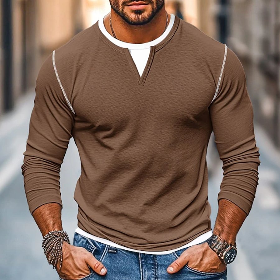 

Men's Vintage Outdoor Crew Neck Patchwork Long Sleeve T-shirt