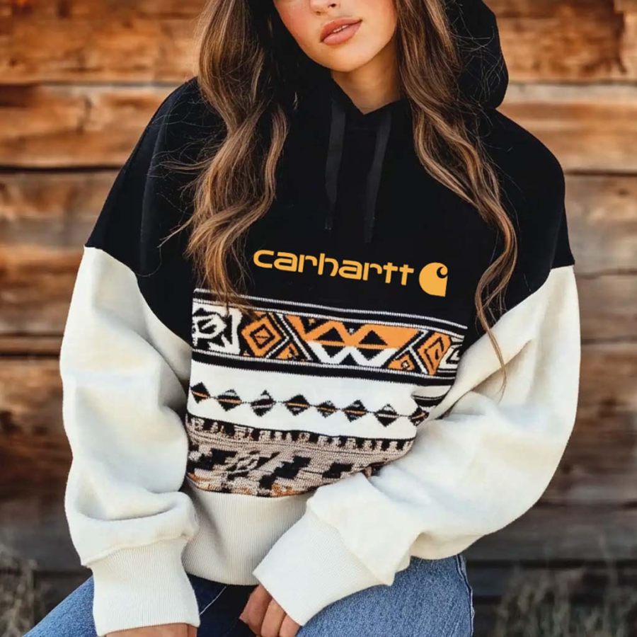 

Women's Vintage Ethnic Color Block Oversized Long Sleeve Hoodie