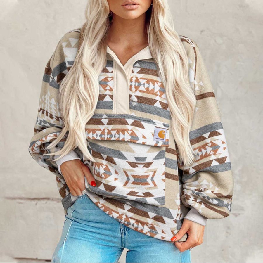 

Women's Vintage Aztec Print Pocket Stand Collar Sweatshirt