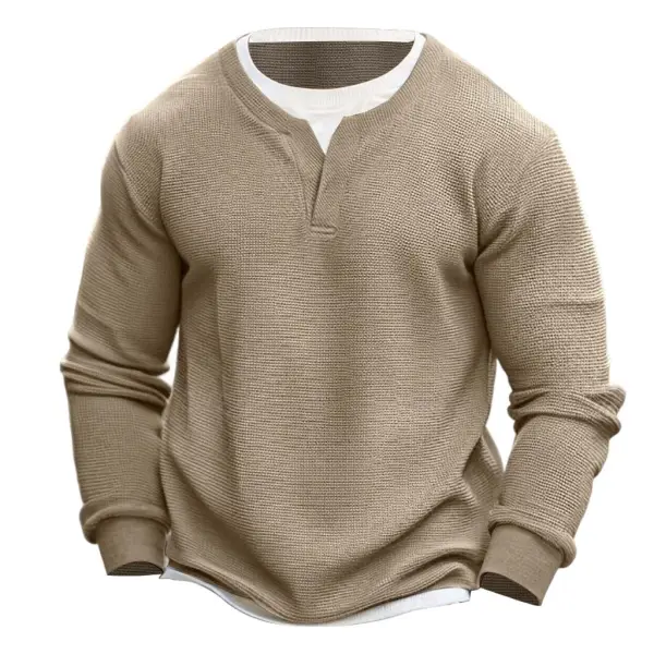 Men's Vintage Waffle Crew Neck Fake Two-Piece Long Sleeve T-shirt - Anurvogel.com 