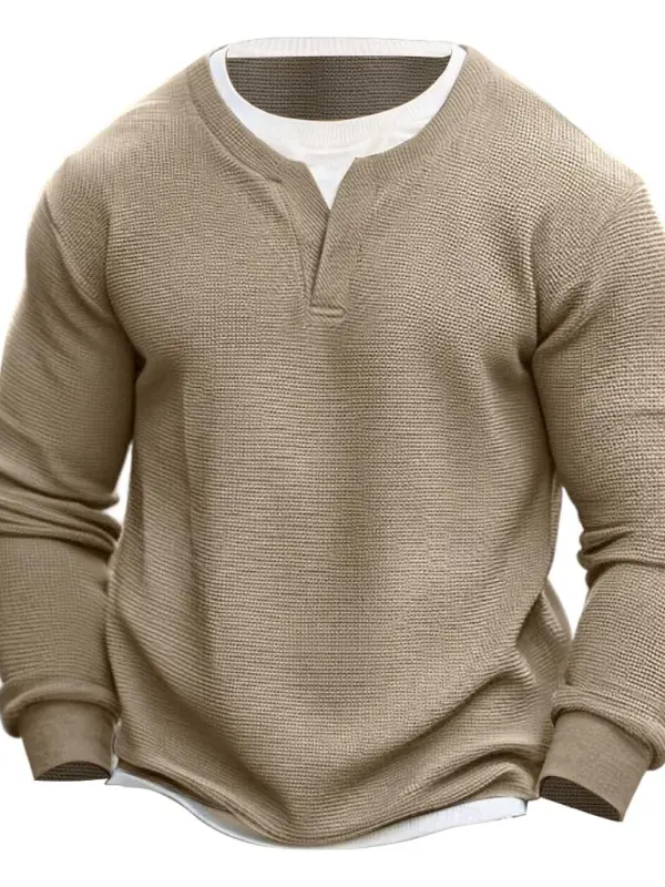 Men's Vintage Waffle Crew Neck Fake Two-Piece Long Sleeve T-shirt - Pragmaace.com 